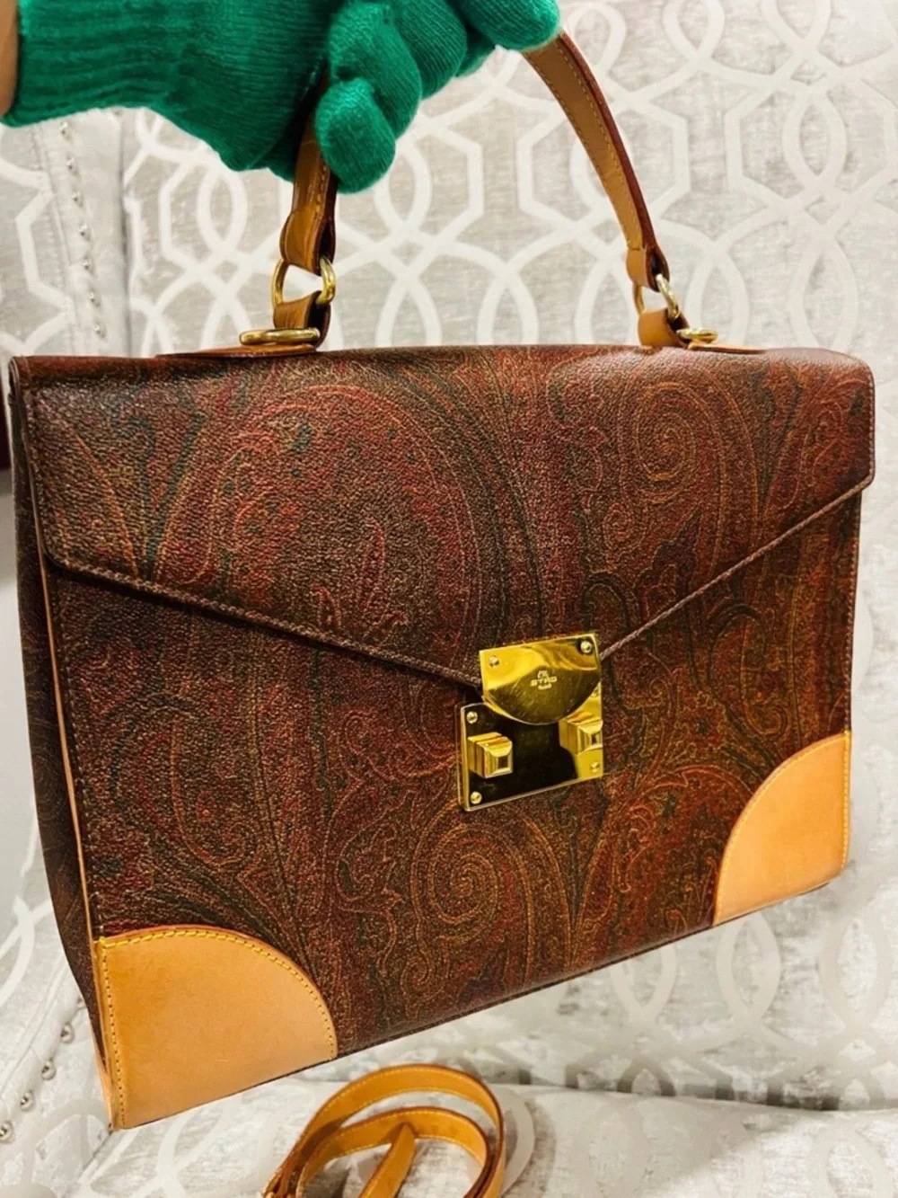 Etro Paisley Top Handle Bag Brown Leather Crossbody Italy Vintage - Picture 10 of 10